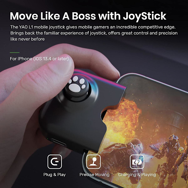 Yao L1 PRO Mobilspelkontroll Joystick för iPhone (iOS 13.4 eller senare, för iOS-mobila spel), Spelkontroll kompatibel med PUBGG Mobile, Call of