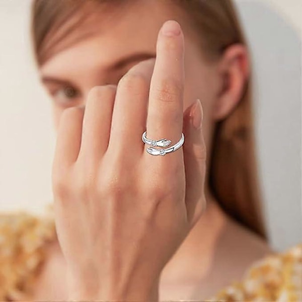 Silver Kramaring för Kvinnor Öppen Ring Justerbar Händer Ring Kramaring Smycken för Män Kvinnor Par Jubileum