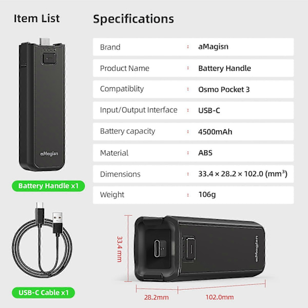 4500mAh Akkukahva DJI OSMO Pocket 3:lle, Varavirtalähde, Kannettava Jatkovarsi js