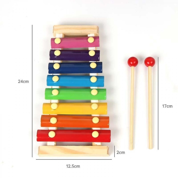 8-tonet naturlig tre små xylofon klokkespill for barn med flerfargede metallstenger inkludert 1 sett med barnesikre treklubber
