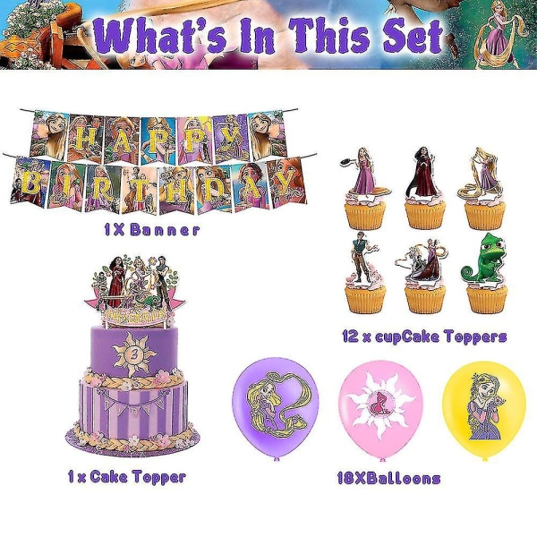 Tangled Rapunzel Princess Barn Födelsedagsfest Tillbehör Kit Banner Ballonger Tårta Toppers Dekor Set LÅNGT