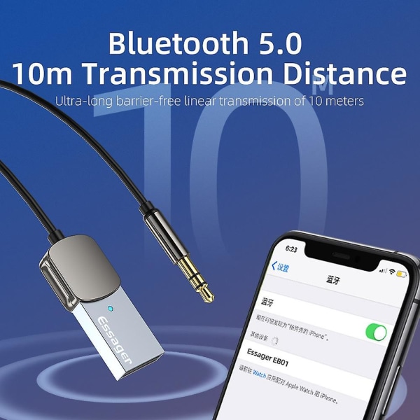 Bluetooth-hjelpeadapter Trådløs bil Bluetooth-mottaker USB til 3,5 mm Jack Audio-mikrofon