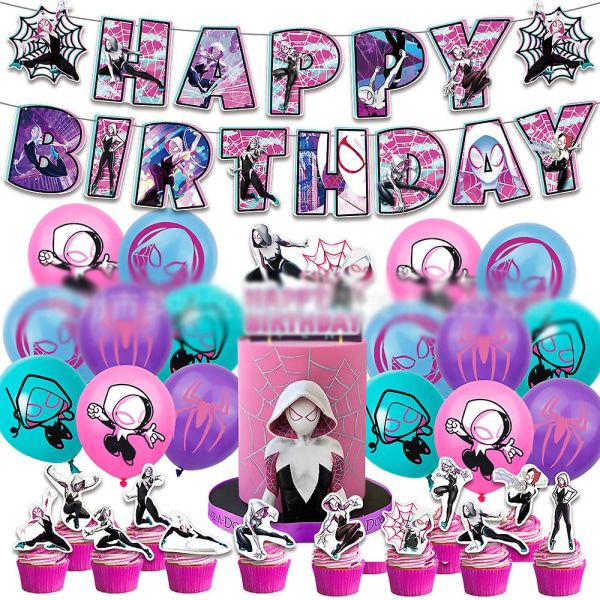 Spider-Gwen Superhjälte Tema Födelsedagsfest Dekoration Och Tillbehör Set För Barn Inkluderar Happy Birthday Banner, Tårta/Cupcake Topper, Ballong
