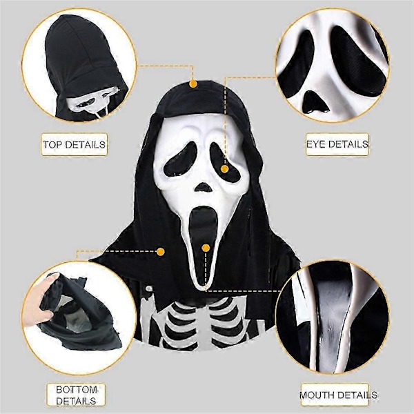 Scream Mask med Svart Hätta Spöke Ansikte Halloween Maskerad Tillbehör