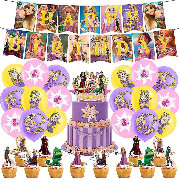 Flokete Rapunzel Prinsesse Bursdagsfest Tilbehør Kit Banner Ballonger Kakepynt Dekorsett LANG