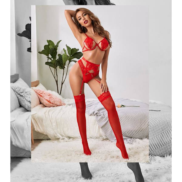 Kvinder Lingeri Sæt Blonder Strømpesholdere Choker Lingeri Blonder BH og Trusse Sæt Babydoll med Strømpesholdere M