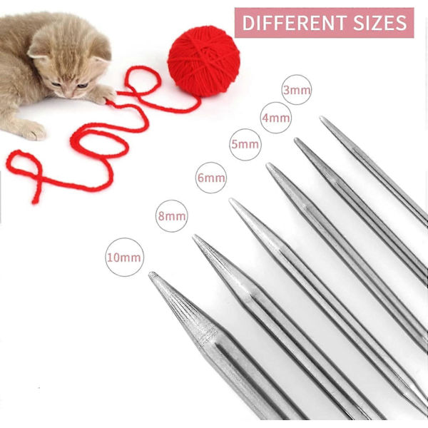 6 stycken cirkulära sticknålar i rostfritt stål, set med 10 mm, 8 mm, 6 mm, 5 mm, 4 mm, 3 mm diameter, dubbla spetsar, metallsticknålar för att göra tröjor