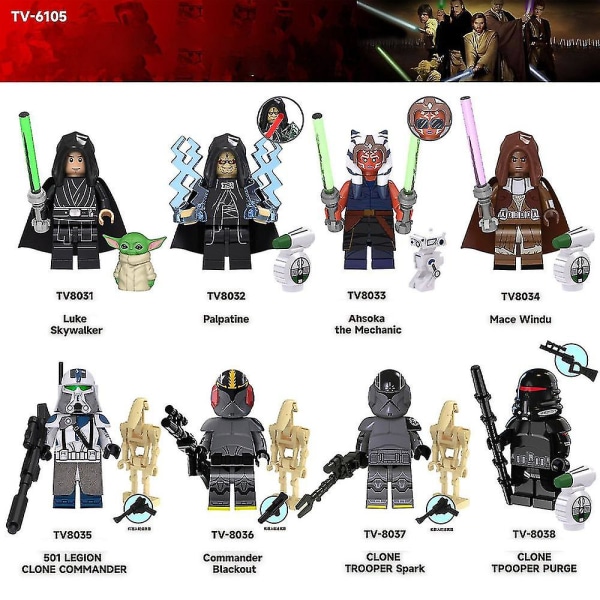 8 st/ set Star Wars byggklossar Actionfigurer Luke Skywalker Mace Windu Montering Minifigurer Samlarleksaker Barn Fans Present