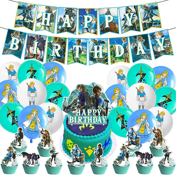 The Legend of Zelda Speltema set för födelsedagsfest för barn, inklusive banderoll, ballonger, tårtcupcakes, festtillbehör