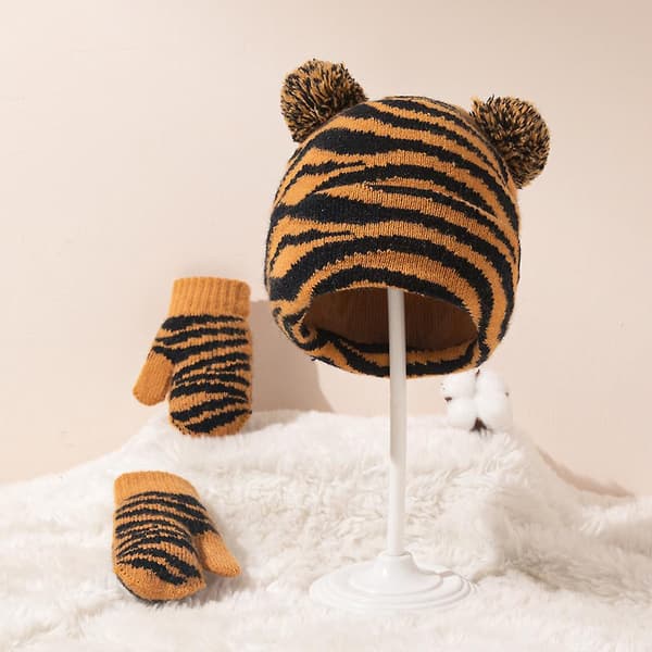 Leopard Tiger Mönstrad Barnhatt & Vantar Set Jacquard Ull Barnhatt & Vantar Set Höst Vinter Dubbla Bollar Baby Stickad Hatt