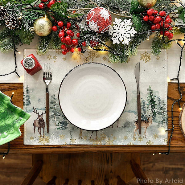 Vattenfärgshjortar, träd och snöflingor Juldukar för matbord, 12 x 18 tum Säsongsbetonad vinter Jul semester rustik uppsättning om 4