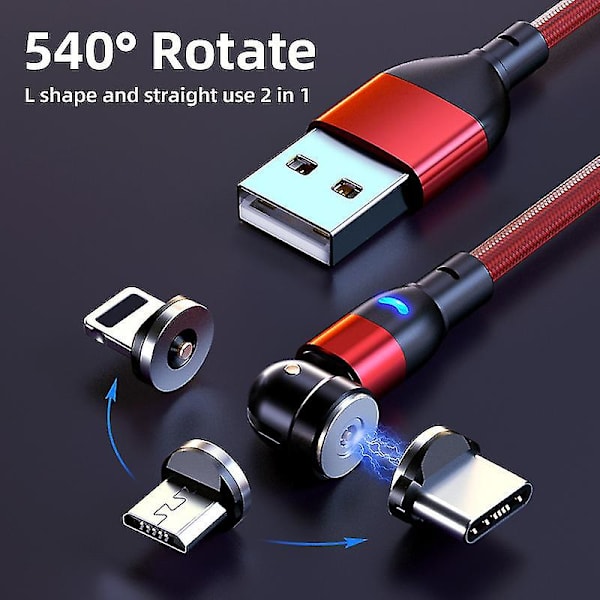 Magneettinen latauskaapeli (1m/2m/3m), 540 asteen pyörivä magneettinen puhelimen laturin kaapeli, 3 in 1 nylon punottu magneettinen USB-kaapeli Type C:lle, Micro USB:lle black 2m