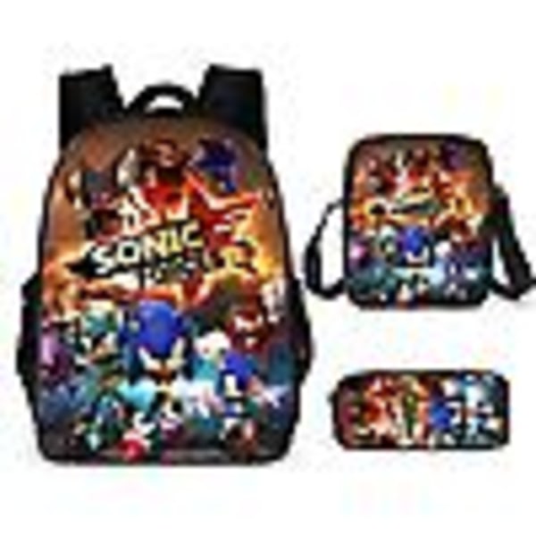 Sonic Ryggsäck Tredelad Set Anime Cartoon Ryggsäck Axelväska Pennfodral 3pcs 12