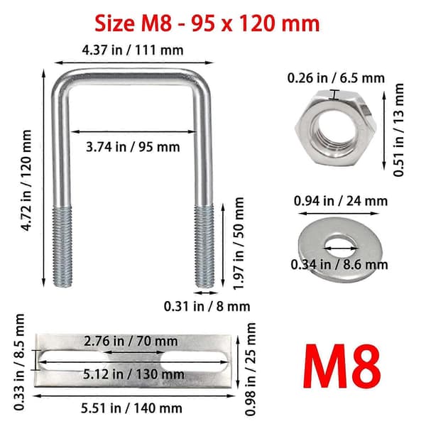 U-bult M8 95 x 120 mm Rostfritt Stål med Mutter Ramplatta Bricka för Rörfäste Bil Skepp Bogsering (2 st)