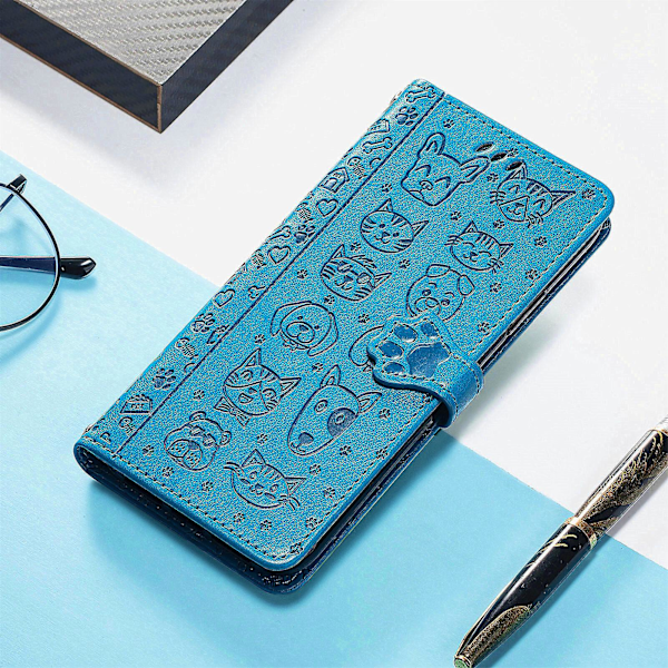 Fodral för Motorola Moto G72 Flip Wallet Präglad Omslag Etui Housse Katt Hund Mönster - Blå