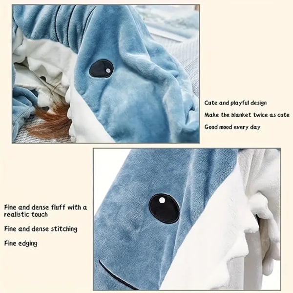 Hajmønstret tæppe til voksne - Bærbar hajtæppe hættetrøje - Tegneserie dyr tæppe - Sød sjov blå haj flanel hættetrøje tæppe gave til sofa sofa
