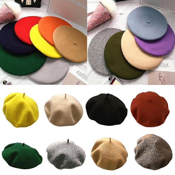 Kvinners vintervarme kunstig ull elastisk beretlue enkel ensfarget retro klassisk fransk kunstner maler elegant
