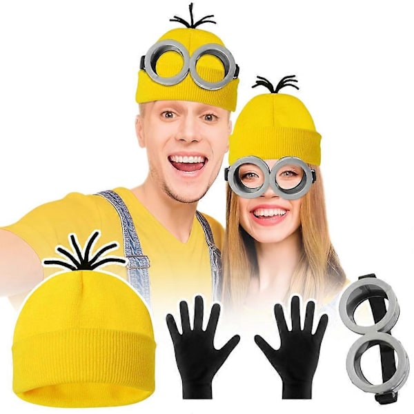 3-pack Beaniehatt, Minion-glasögon, handskar, utklädningskostym, Despicable Me Cosplay-tillbehör, vuxen