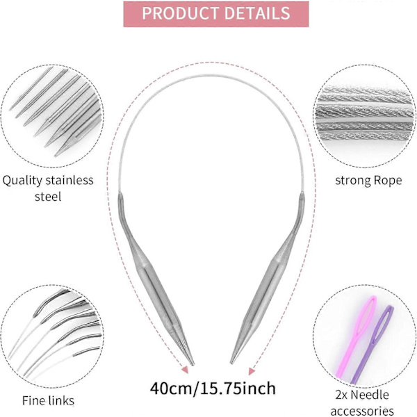 6 stycken cirkulära sticknålar i rostfritt stål, set med 10 mm, 8 mm, 6 mm, 5 mm, 4 mm, 3 mm diameter, dubbla spetsar, metallsticknålar för att göra tröjor