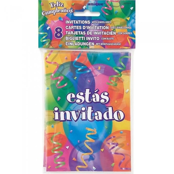 Materiale: Kort. Design: Ballonger, konfetti, trykt, virvel, tekst. Innhold: 8 konvolutter. Anledning: Bursdag. Emballasje: Euro Hook, Poly Bag.