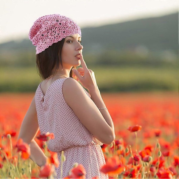 Heklet bomullshette for kvinner, håndlaget strikket blomstrete slouchy beanie-lue med utskjæringer