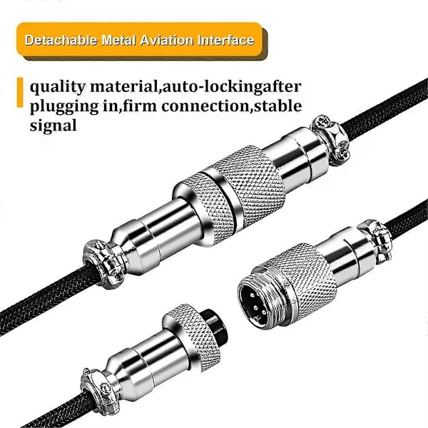 USB-näppäimistökaapeli, musta, kierretty, USB Type C -kaapeli, DIY-ilmailupistokeliitin pelaamiseen