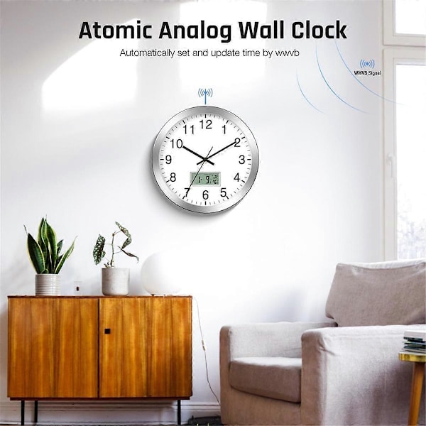 12 tommers Atom Analog Veggklokke med Digital Dato, Ukedag, Innendørs Temperatur - Batteridrevet Atom Veggklokke, Automatisk Innstilling