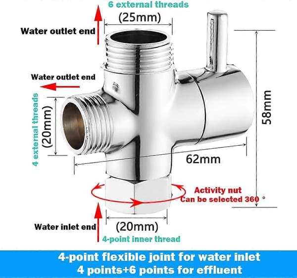 3-veis dusjventil metall dusj til hageslange adapter kran splitter 3-veis vask