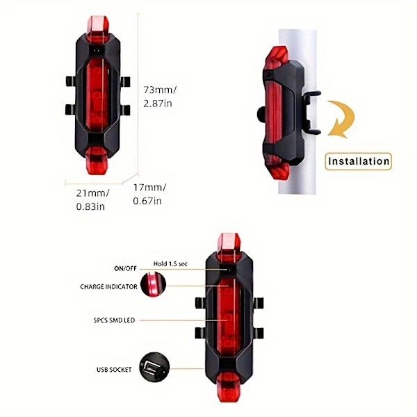Genopladelig USB LED-cykellygte - 7 blinkende tilstande for sikkerhed og synlighed - Bjerg- og landevejscykellygte til kørsel og cykling