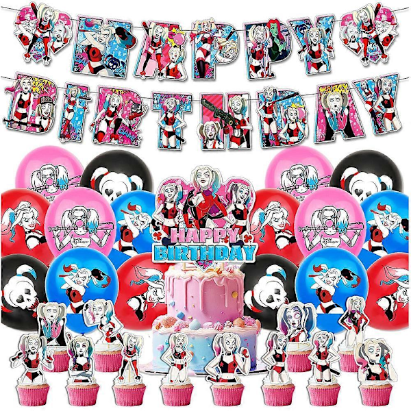 Harley Quinn-tema födelsedagsfesttillbehör Banner Ballonger Kit Tårta Cupcake Dekoration Toppar Set