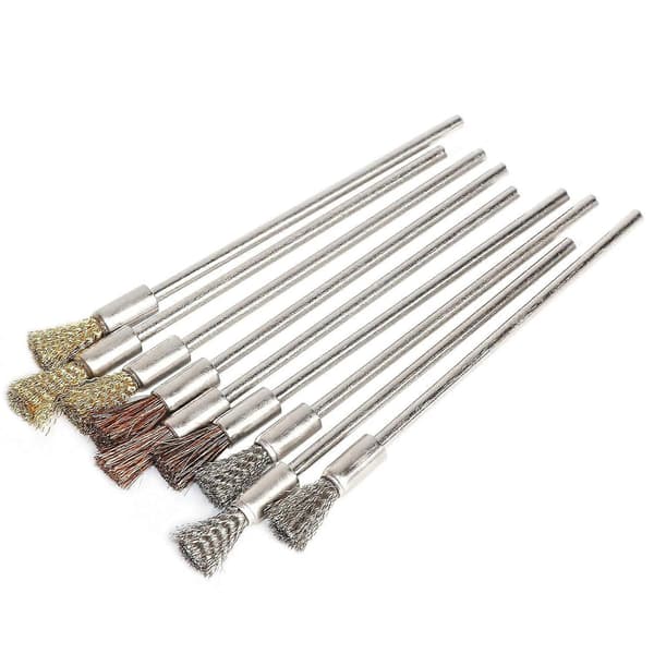 9 stk. ripebørstepennsett, rustfritt stål/messing/bust pennestil prep slipebørste, Re