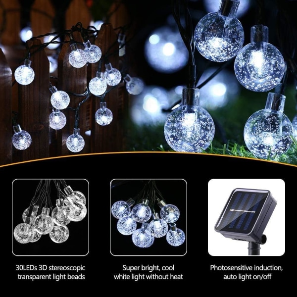 Solar String Lights, 6,5m 30 LED Krystalkugler, Vandtæt, Blå