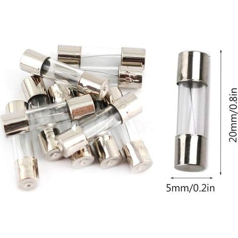 100 glassikringer 5x20mm i eske, 0,2A til 20A sikringer