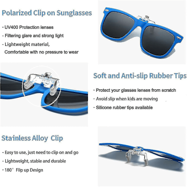 Clip-on solbriller for barn, polariserte, clip-on solbriller for barn og junior over reseptbelagte briller, UV-beskyttelse, flip-up solbriller for gutter og jenter