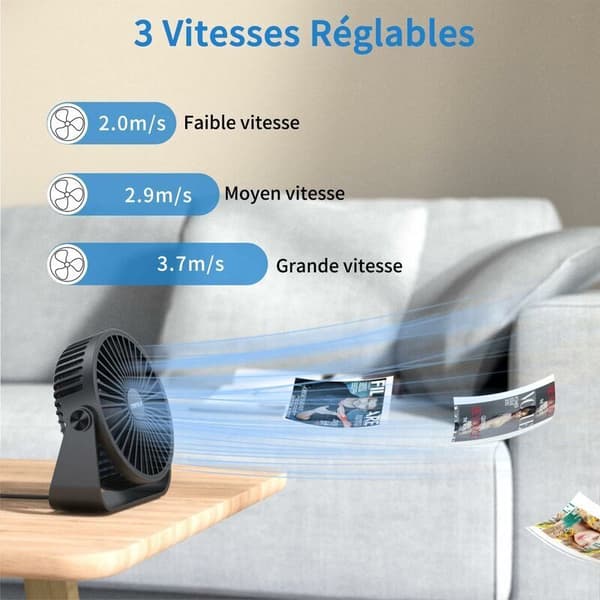 3-trins USB bordventilator – Stille < 50 dB – 360° rotation – Kompakt til kontor, hjem, bil, camping