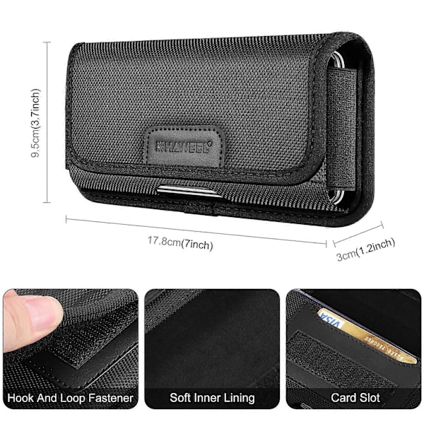 HAWEEL 6.1-6.8 tommer Nylon Stoff Telefon Belteklips Horisontal Bæreveske med Kortspor (Svart) 12