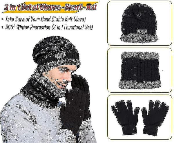 Vinterstrikket Beanie Hat, Halsvarmer og Touchscreen Handsker Sæt til Mænd