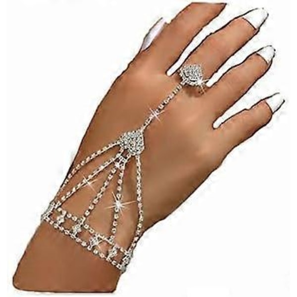 Sølv Armbånd med Ring til Kvinder Krystal Kæde Ring Armbånd Hånd Sele Kæde Armbånd Smykker til Halloween Prom Fest Jul