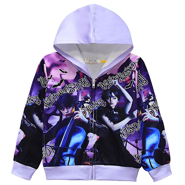4-9 år Børn Wednesday Addams Trykt Hætte Langærmet Jakke Zip Up Casual Frakke Gaver Purple 7-8 Years