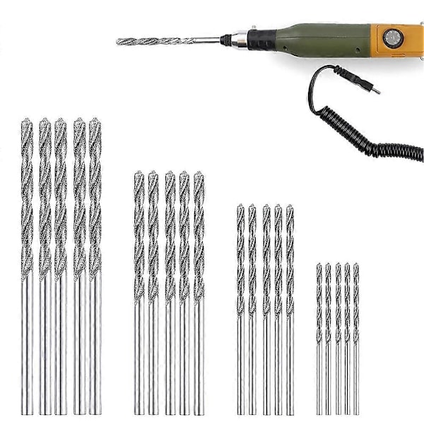 Timanttiporanteräsetti 20 kpl, 4 kokoa 1mm 1,5mm 2mm 2,5mm, kierrettävä kärki, koruille, rantakiteille, simpukoille