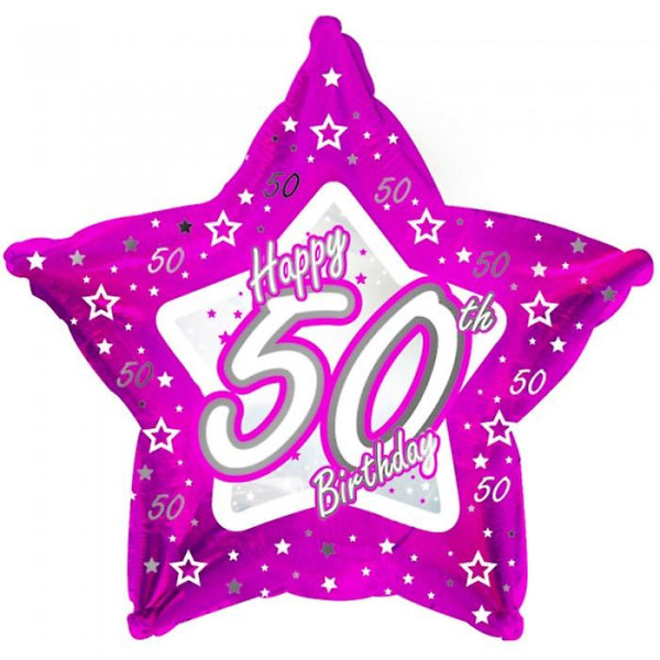 Tähtien muotoinen folioilmapallo Happy 50th Birthday -designilla. Koko: (noin) 18 tuumaa. Toimitetaan tyhjennettynä postituksen helpottamiseksi. Toimittaja Creative Party Ltd.