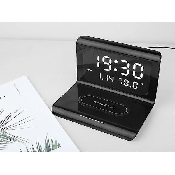 Essentielt til hjemmekontoret: Digitalt display hurtig trådløs opladnings bordur, sikker og pålidelig opladning 3 i 1 vækkeure radio til soveværelser natbord