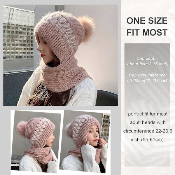 Dames Vinterhue Halsklæde Alt-i-én Beanie med Poms, Fleeceforet Dames Termisk Strikket Skull Hat Beanie, Lys Rosa