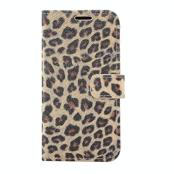 Fodral för iPhone 12 Pro med leopardmönster, horisontellt flippfodral i läder med kortfack och hållare (brun)