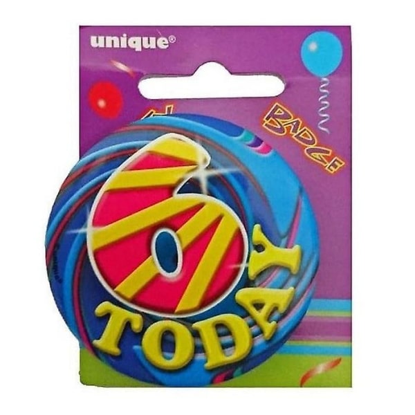 Design: Nummer, Stribe, Swirl, Tekst. Fastgørelse: Pin. Lejlighed: 6-års fødselsdag. Emballage: Displaypakke, Eurokrog.