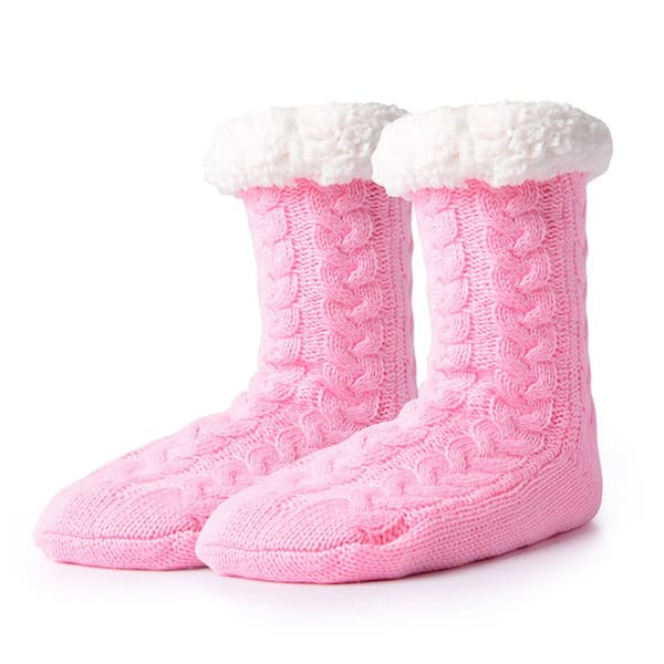 Furry varma stickade socktofflor med halkfri rosa