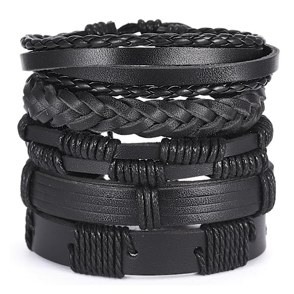 Håndlavede læderarmbånd, 5-pak sort