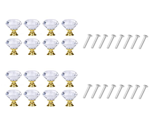 Diamantformede glasknopper Transparent/Guld 8 stk. 16-pak