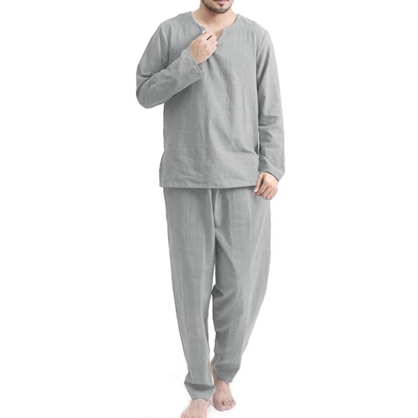 2-delad set med lös pyjamas pyjamas långärmad topp och byxor för män - XL