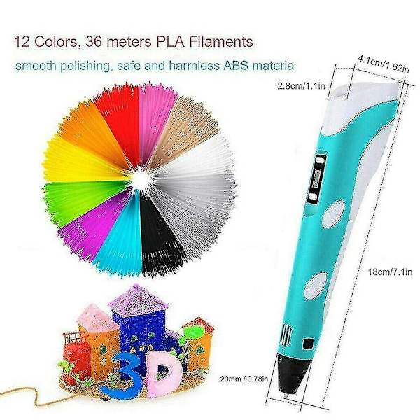 3D-penna för leksaker med LCD-skärm + 12 färger 36m 1.75mm PLA ABS-filament för barn och vuxna